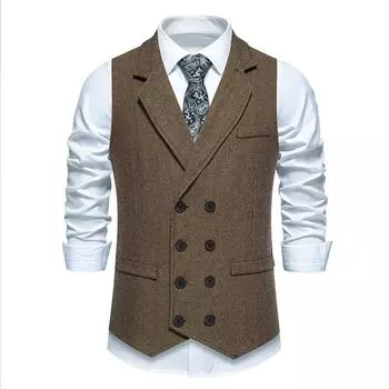 Мужской винтажный твидовый жилет с лацканами, жаккардовый двубортный жилет без рукавов, приталенный повседневный деловой мужской пиджак S коричневый
