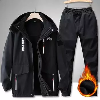 Мужской водонепроницаемый комбинезон, куртка, осень и зима, плюс бархатный утепленный костюм, утепленный и теплый, для активного отдыха, комплект из 2 предметов S серый
