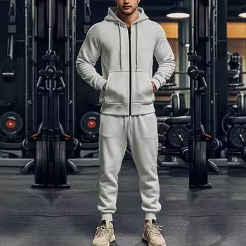 Мужской водонепроницаемый спортивный костюм с капюшоном и бархатной подкладкой - однотонный, на молнии, с длинным рукавом для осени и зимы XXL серый/белый