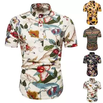 Мужской воротник-стойка в этническом стиле из хлопка и льна с короткими рукавами и принтом XXXL белый