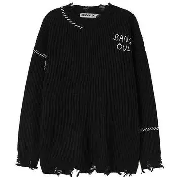 Мужской вязаный джемпер в стиле хип-хоп, винтажные свитера, рваные полосатые уличные одежды в стиле Харадзюку, осенние повседневные пуловеры больших размеров M чёрный