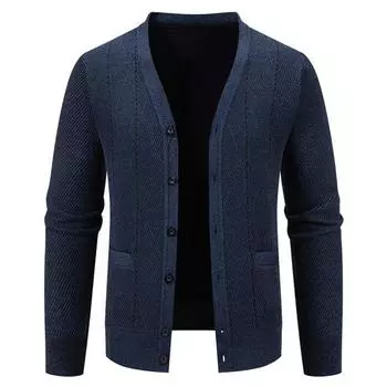 Мужской вязаный кардиган с V-образным вырезом, длинными рукавами и застежкой на пуговицах, свитер-жакет с карманами, однотонный, осенне-зимний трикотаж 2XL