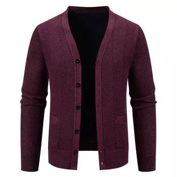 Мужской вязаный кардиган с V-образным вырезом, длинными рукавами и застежкой на пуговицах, свитер-жакет с карманами, однотонный, осенне-зимний трикотаж 3XL