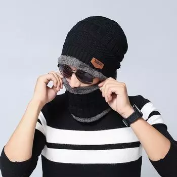 Мужской вязаный комплект из шапки и шарфа: Теплый бархат, защита ушей, модная шерсть для улицы на осень и зиму 9524 чёрный