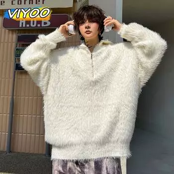 Мужской вязаный свитер на молнии Y2K, водолазка из имитации норки, трикотаж, пуловеры, подкладка, корейская зимняя одежда, уличная одежда