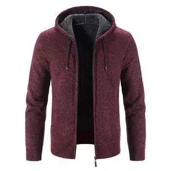 Мужской вязаный свитер, пальто, джемпер с капюшоном, кардиган, флисовая меховая подкладка, куртка с капюшоном на молнии L светло-серый