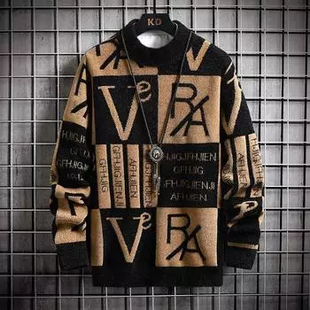 Мужской вязаный свитер, полосатый свитер, принт, круглый вырез, свитер, осень/зима, дизайнерская качественная повседневная мужская одежда L коричневый