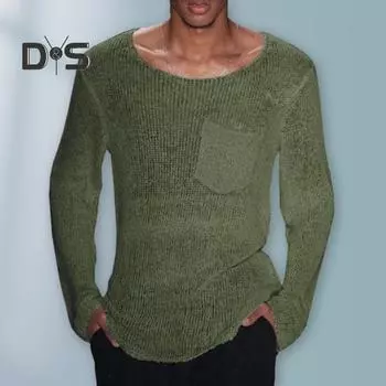 Мужской вязаный свитер с длинным рукавом и круглым вырезом, однотонный повседневный пуловер с вырезом, тонкий стиль, свободный трикотаж M зелёный