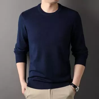 Мужской вязаный свитер с круглым вырезом и длинными рукавами - повседневный трендовый однотонный цвет XXXL циан