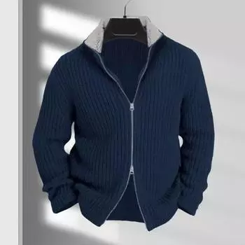 Мужской вязаный свитер с воротником-стойкой, застежкой-молнией, однотонный кардиган, трикотаж с длинными рукавами, толстый 2XL чёрный