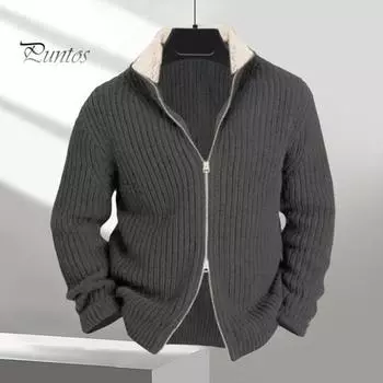 Мужской вязаный свитер с воротником-стойкой, застежкой-молнией, однотонный кардиган, трикотаж с длинными рукавами, толстый свитер, куртка для повседневной деловой одежды M темно-коричневого