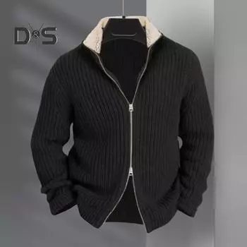Мужской вязаный свитер с воротником-стойкой, застежкой-молнией, однотонный кардиган, трикотаж с длинными рукавами, толстый свитер, куртка для повседневной деловой одежды 3XL темно-коричневого