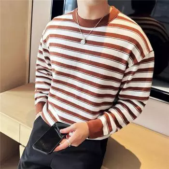 Мужской вязаный свитер, свободный, толстый, полосатый, с круглым вырезом, свитера, пальто для осени и зимы, корейские модные пуловеры для мужчин XL чёрный