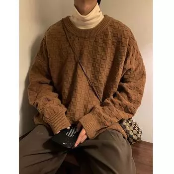 Мужской вязаный свитер в клетку больших размеров с толстым круглым вырезом на осень и зиму L зелёный