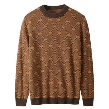 Мужской вязаный свитер в клетку с бриллиантами, пуловер с длинными рукавами, свитер S коричневый
