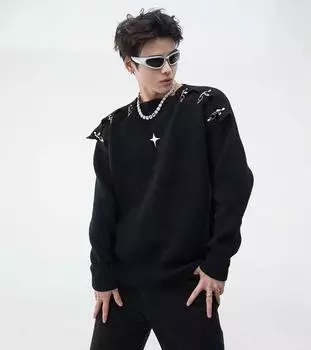 Мужской вязаный свитер Y2K, осенне-зимний пуловер, корейская одежда, однотонные свободные топы с металлической пряжкой и пряжкой M чёрный