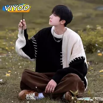 Мужской вязаный свитер Y2K, пуловеры больших размеров, трикотаж, зимняя уличная одежда в стиле Харадзюку, лоскутная осенняя одежда в корейском стиле, мужская одежда M чёрный