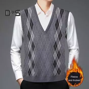 Мужской вязаный жилет с V-образным вырезом, без рукавов, утолщенная плюшевая подкладка, жилет с ромбическими узорами, зимний жилет, свитер L светло-серый