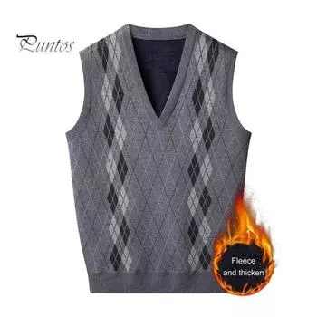 Мужской вязаный жилет с V-образным вырезом, без рукавов, утолщенная плюшевая подкладка, жилет с ромбическими узорами, зимний жилет, свитер L светло-серый
