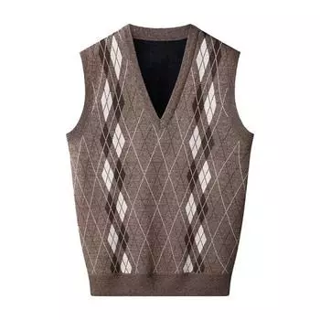 Мужской вязаный жилет с V-образным вырезом, без рукавов, утолщенная плюшевая подкладка, жилет с ромбическими узорами, зимний жилет, свитер XL хаки