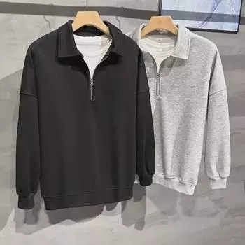 Мужской высококачественный однотонный трикотажный свитер с полумолнией — корейский стиль, свободный крой, универсальный повседневный топ для весны и осени. XL чёрный