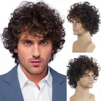 Мужской высокотемпературный синтетический короткий волос, вьющиеся многослойные черно-коричневые парики, пушистые головные уборы в стиле панк 10inches