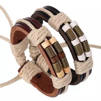 Мужской женский браслет в стиле панк бронзовый весенний кожаный браслет с деревянными бусинами чёрный