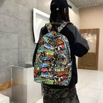 Мужской женский рюкзак с принтом граффити водонепроницаемый рюкзак чёрный
