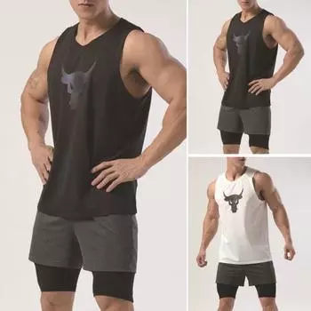 Мужской жилет без рукавов для бега с принтом бычьей головы, спортивный топ на бретелях с круглым вырезом, без рукавов, быстросохнущие топы для фитнеса, уличная одежда L чёрный