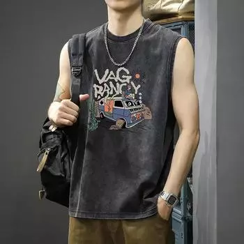 Мужской жилет без рукавов Ретро Ретро Уличная одежда Плоская печать Синий Веер Кактус Пустыня Солнечный свет Хлопок Лето Мотоциклетная культура S