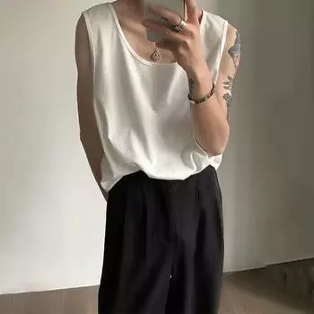 Мужской жилет без рукавов с круглым вырезом, однотонный жилет свободного кроя, повседневные спортивные майки M чёрный