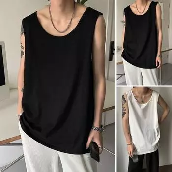 Мужской жилет без рукавов с круглым вырезом, однотонный жилет свободного кроя, повседневный спортивный топ, уличная одежда, повседневная одежда L белый