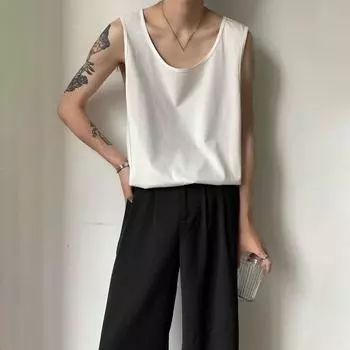 Мужской жилет без рукавов с круглым вырезом, однотонный жилет свободного кроя, повседневный спортивный топ, уличная одежда, повседневная одежда M белый