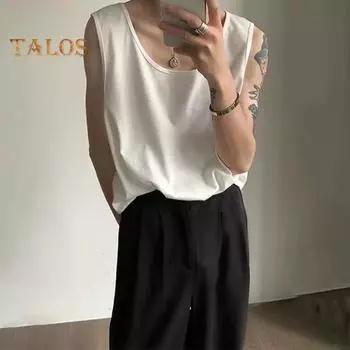 Мужской жилет без рукавов с круглым вырезом, однотонный жилет свободного кроя, повседневный спортивный топ, уличная одежда, повседневная одежда L белый