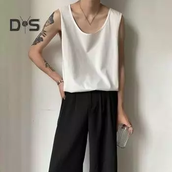 Мужской жилет без рукавов с круглым вырезом, однотонный жилет свободного кроя, повседневный спортивный топ, уличная одежда, повседневная одежда L белый