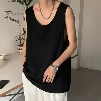 Мужской жилет без рукавов с круглым вырезом, однотонный жилет свободного кроя, повседневный спортивный топ, уличная одежда, повседневная одежда L чёрный