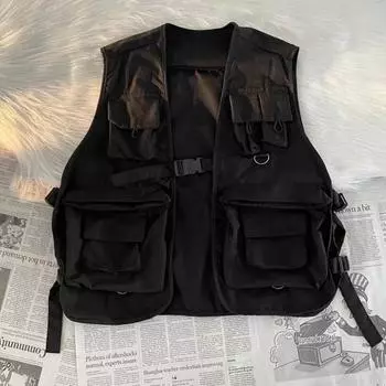 Мужской жилет без рукавов с несколькими карманами, дизайнерский жилет с пряжкой, однотонный тонкий жилет для кемпинга и рыбалки XL чёрный