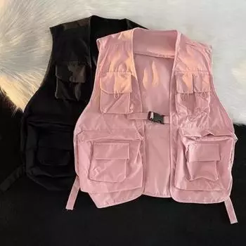 Мужской жилет без рукавов с несколькими карманами, дизайнерский жилет с застежкой, цветное пальто, тонкий жилет с пряжкой для кемпинга и рыбалки XL розовый