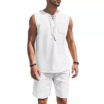 Мужской жилет из хлопка и льна, однотонный, легкий, дышащий, с V-образным вырезом, на шнурке, для отдыха на пляже, уютные костюмы S чёрный