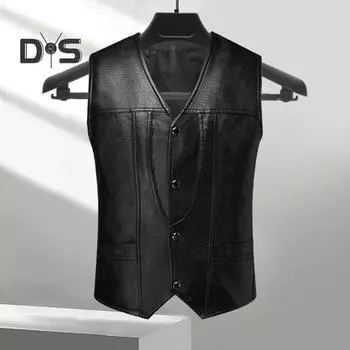 Мужской жилет из искусственной кожи с V-образным вырезом, без рукавов, приталенный однобортный жилет, пальто с карманами, однотонный жилет, верхняя одежда S чёрный