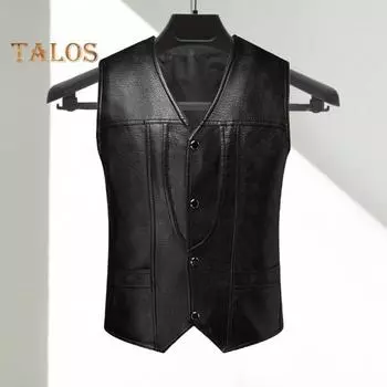 Мужской жилет из искусственной кожи с V-образным вырезом, без рукавов, приталенный однобортный жилет, пальто с карманами, однотонный жилет, верхняя одежда S чёрный
