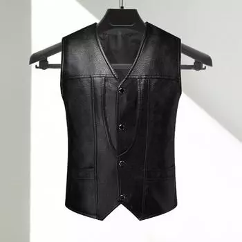 Мужской жилет из искусственной кожи с V-образным вырезом, без рукавов, однобортный жилет, пальто с карманами, однотонный цвет S чёрный