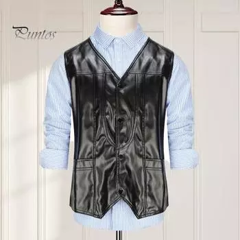 Мужской жилет из искусственной кожи с V-образным вырезом, без рукавов, приталенный однобортный жилет, пальто с карманами, однотонный жилет, верхняя одежда S чёрный