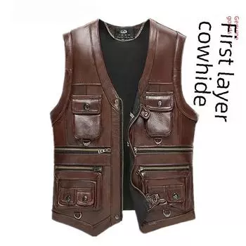 Мужской жилет из натуральной кожи: Верхний слой из коровьей кожи, многокарманный уличный жилет, теплая куртка для рыбалки на осень-зиму для людей среднего и пожилого возраста. Chest 3 feet 6 коричневый