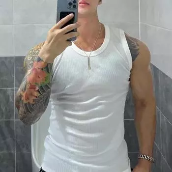 Мужской жилет из рубчатой ткани с круглым вырезом, облегающий однотонный топ, дышащий жилет для спорта, фитнеса, уличной одежды M чёрный