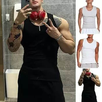 Мужской жилет из рубчатой ткани с круглым вырезом, облегающий однотонный топ, дышащий жилет для спорта, фитнеса, уличной одежды M серый