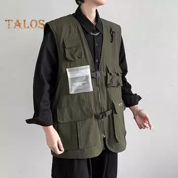 Мужской жилет-карго без воротника, однотонный однотонный жилет без воротника, жилет свободного покроя с несколькими карманами, однотонный тонкий спортивный жилет XXXL зелёный