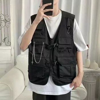 Мужской жилет-карго с несколькими карманами, однотонный однотонный жилет без рукавов с v-образным вырезом, свободные брюки на молнии, декор в виде цепочки, мужской жилет, мужская одежда M чёрный