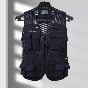 Мужской жилет-карго с v-образным вырезом без рукавов, жилет на молнии, сетчатый однотонный жилет с планками и несколькими карманами, жилет для рыбалки и пешего туризма XL армия зеленый