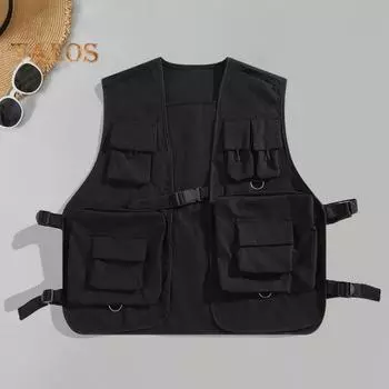 Мужской жилет-карго с V-образным вырезом, без рукавов, с несколькими карманами, свободный крой, однотонный, повседневный стиль, жилет-карго, верхняя одежда M чёрный